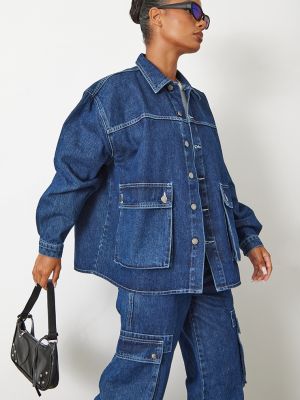 Джинсовая куртка на пуговицах оверсайз с карманами Prettylittlething синяя