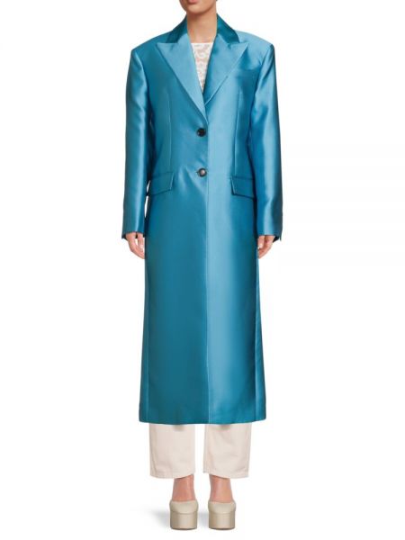 Атласное однобортное пальто Versace синий
