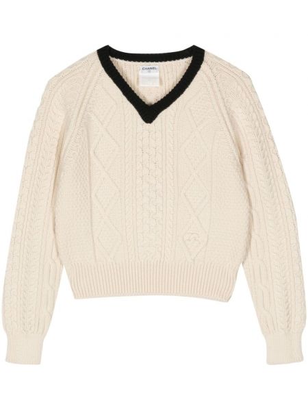Μακρύ πουλόβερ με λαιμόκοψη v Chanel Pre-owned λευκό