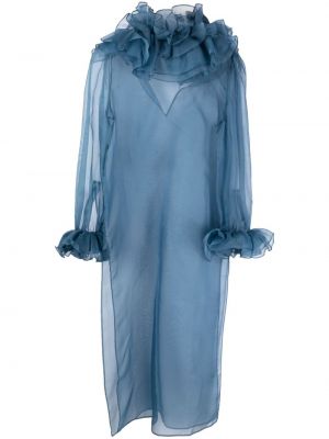 Копринена рокля от шифон с волани Bode синьо