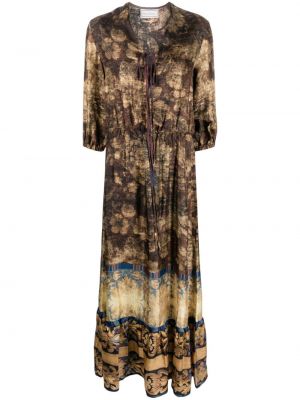 Jedwabna sukienka z nadrukiem w abstrakcyjne wzory Pierre Louis Mascia brązowa