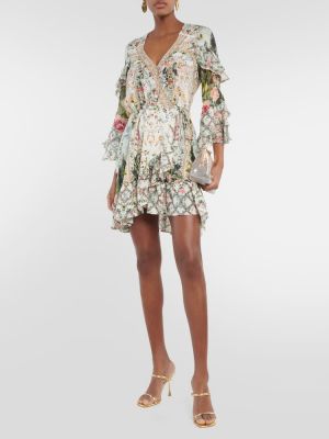 Svilena obleka s cvetličnim vzorcem z volani Camilla