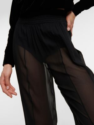 Pantaloni cu picior drept cu talie înaltă de mătase din șifon Saint Laurent negru