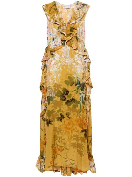 Jedwabna sukienka w kwiatki z nadrukiem Pierre Louis Mascia żółta