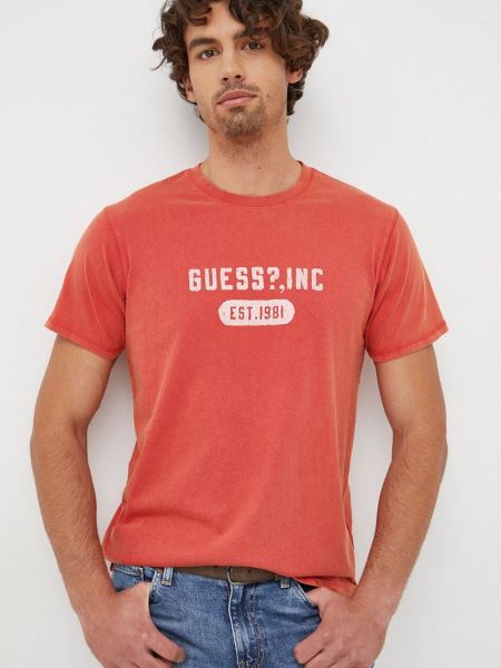 Памучна тениска с дълъг ръкав с принт Guess червено