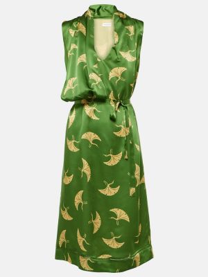 Jedwabna satynowa sukienka midi z nadrukiem Dries Van Noten zielona