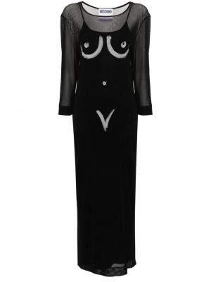 Мрежеста коктейлна рокля с принт Moschino черно