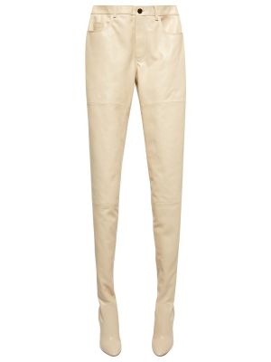 Pantalones rectos de cuero Saint Laurent beige