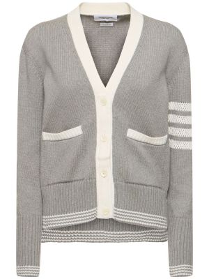 Cardigan di cotone in maglia con tasche Thom Browne grigio