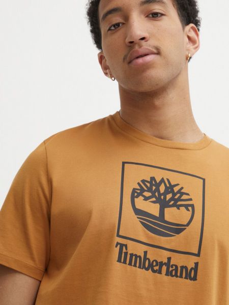 Koszulka bawełniana z nadrukiem Timberland brązowa