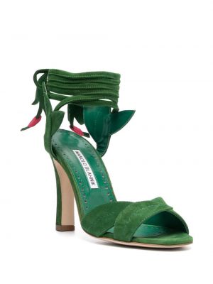 Nėriniuotos zomšinės sandalai su raišteliais Manolo Blahnik žalia
