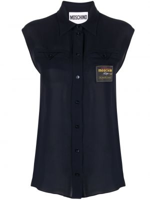 Копринена риза без ръкави Moschino синьо