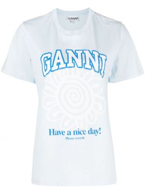 Bavlněné tričko s potiskem Ganni modré