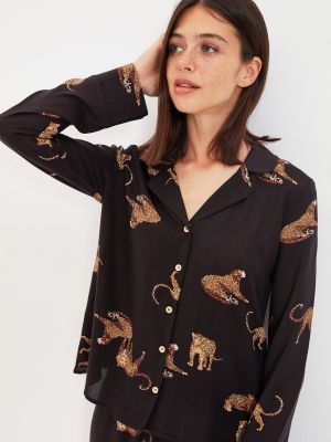 Pletena pidžama od viskoze s životinjskim uzorkom Trendyol crna
