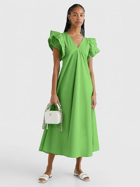 Satynowa sukienka długa bawełniana Tommy Hilfiger zielona