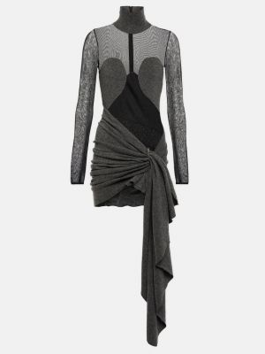 Шерстяное платье мини с сеткой с драпировкой Alaïa черное