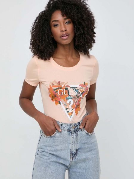 Koszulka z nadrukiem w tropikalny nadruk Guess pomarańczowa