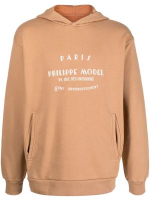 Bluza z kapturem bawełniana z nadrukiem Philippe Model Paris brązowa