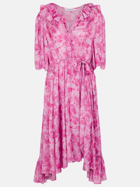 Sukienka midi w kwiatki asymetryczna Balenciaga różowa