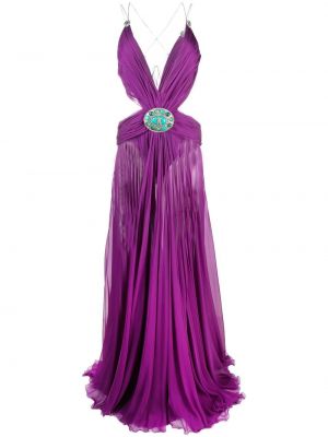 Plisované hedvábné večerní šaty s výstřihem do v Roberto Cavalli fialové