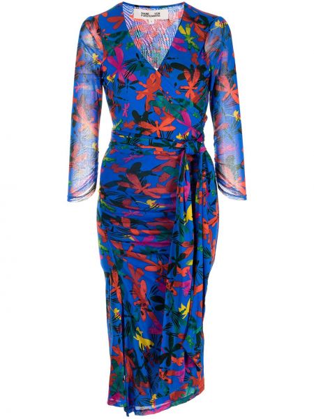 Миди рокля на цветя с принт Dvf Diane Von Furstenberg синьо