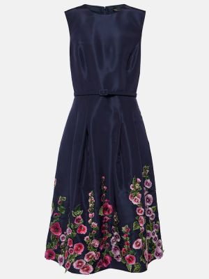 Jedwabna haftowana sukienka midi Oscar De La Renta niebieska