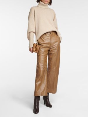 Pantaloni a vita alta di pelle baggy Polo Ralph Lauren beige