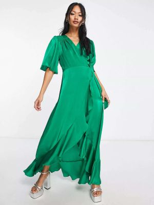Атласное длинное платье с рюшами Flounce London зеленое