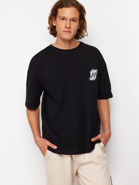 Oversize kokvilnas polo krekls ar apdruku Trendyol melns
