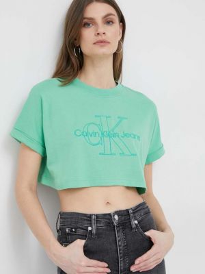Памучна тениска Calvin Klein Jeans зелено