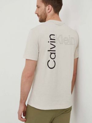 Памучна тениска с дълъг ръкав с принт Calvin Klein бежово