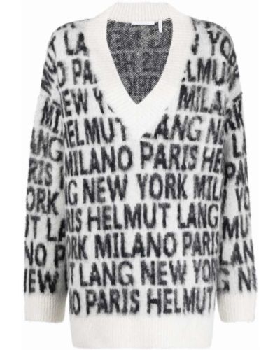 Długi sweter wełniane z dekoltem w serek z długim rękawem Helmut Lang - biały