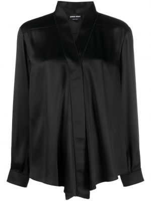 Svilena satenska bluza z v-izrezom Giorgio Armani črna