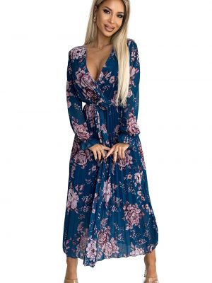 Sukienka długa szyfonowa z długim rękawem plisowana Numoco niebieska