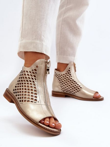 Sandale din piele cu fermoar ajurate Kesi auriu