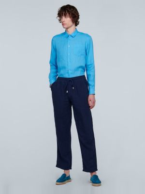 Lněné kalhoty Vilebrequin modré