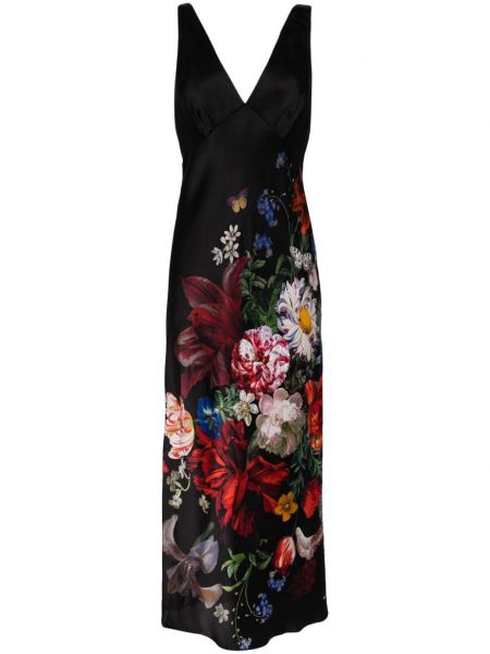 Kvetinové hodvábne koktejlkové šaty s potlačou Camilla čierna