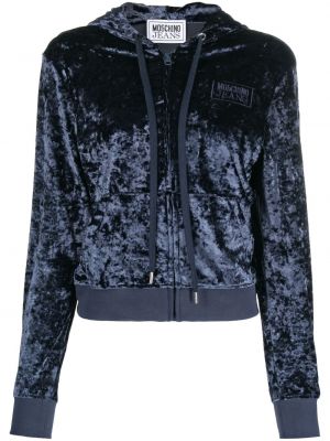 Sametová džínová bunda s výšivkou s kapucí Moschino Jeans modrá