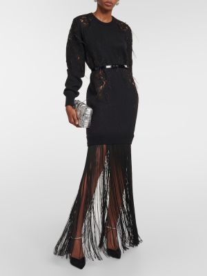 Sukienka długa z frędzli w piórka Costarellos czarna
