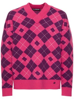 Vlněný svetr s výstřihem do v Acne Studios růžový