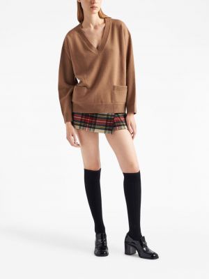 Sweter z kaszmiru z dekoltem w serek Prada brązowy