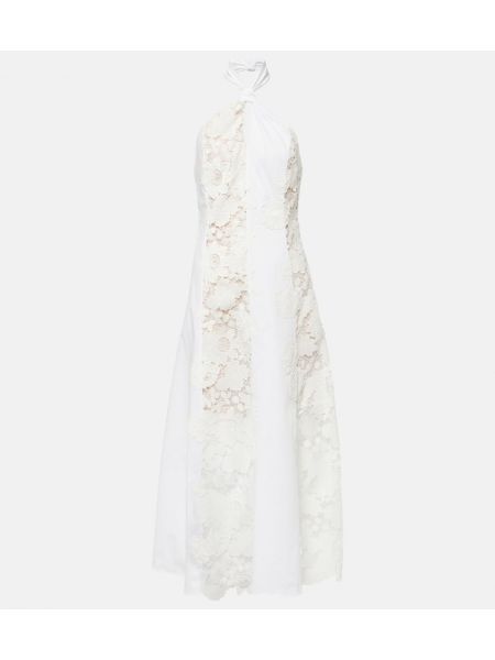 Βαμβακερή μίντι φόρεμα με δαντέλα Oscar De La Renta λευκό