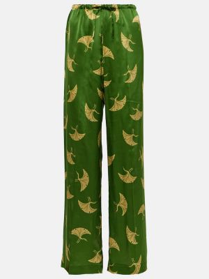 Svilene satenske hlače s printom Dries Van Noten zelena