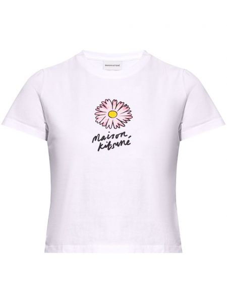 Kokvilnas t-krekls ar ziediem ar apdruku Maison Kitsuné balts