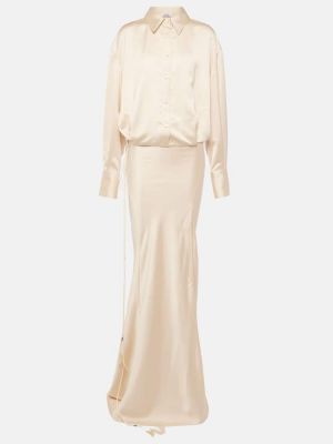 Satynowa sukienka długa w piórka The Attico biała