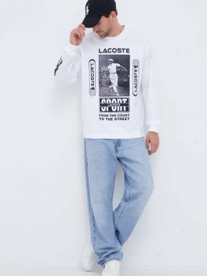 Bavlněné tričko s dlouhým rukávem s potiskem s dlouhými rukávy Lacoste bílé
