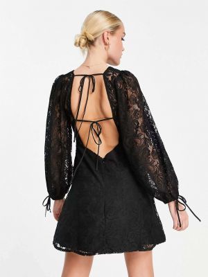 Кружевное платье мини с вырезом на спине с длинным рукавом Love Triangle черное