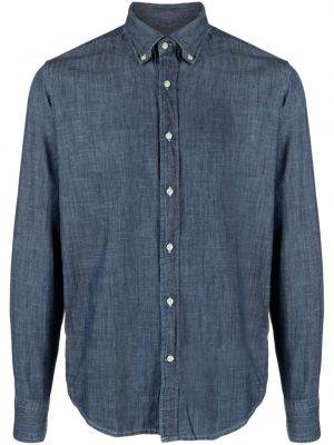 Pérová bavlnená košeľa s golierom s gombíkmi Deperlu modrá