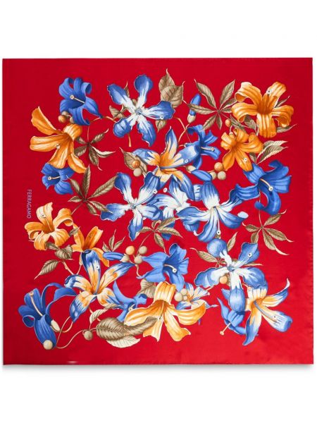 Копринен шал на цветя с принт Ferragamo червено