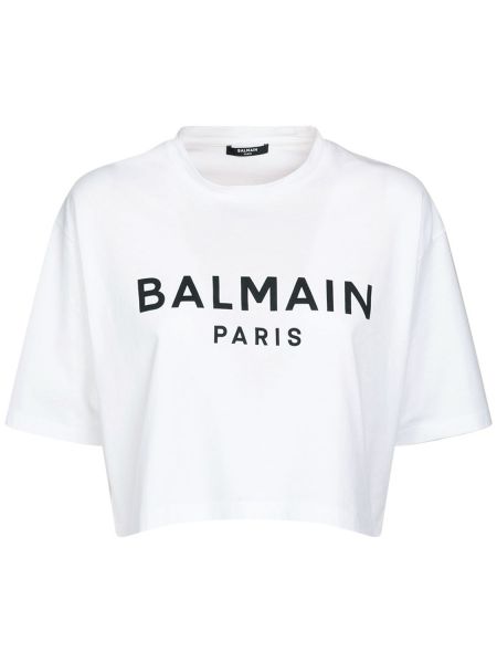 T-shirt i bomull med mönster i jersey Balmain vit